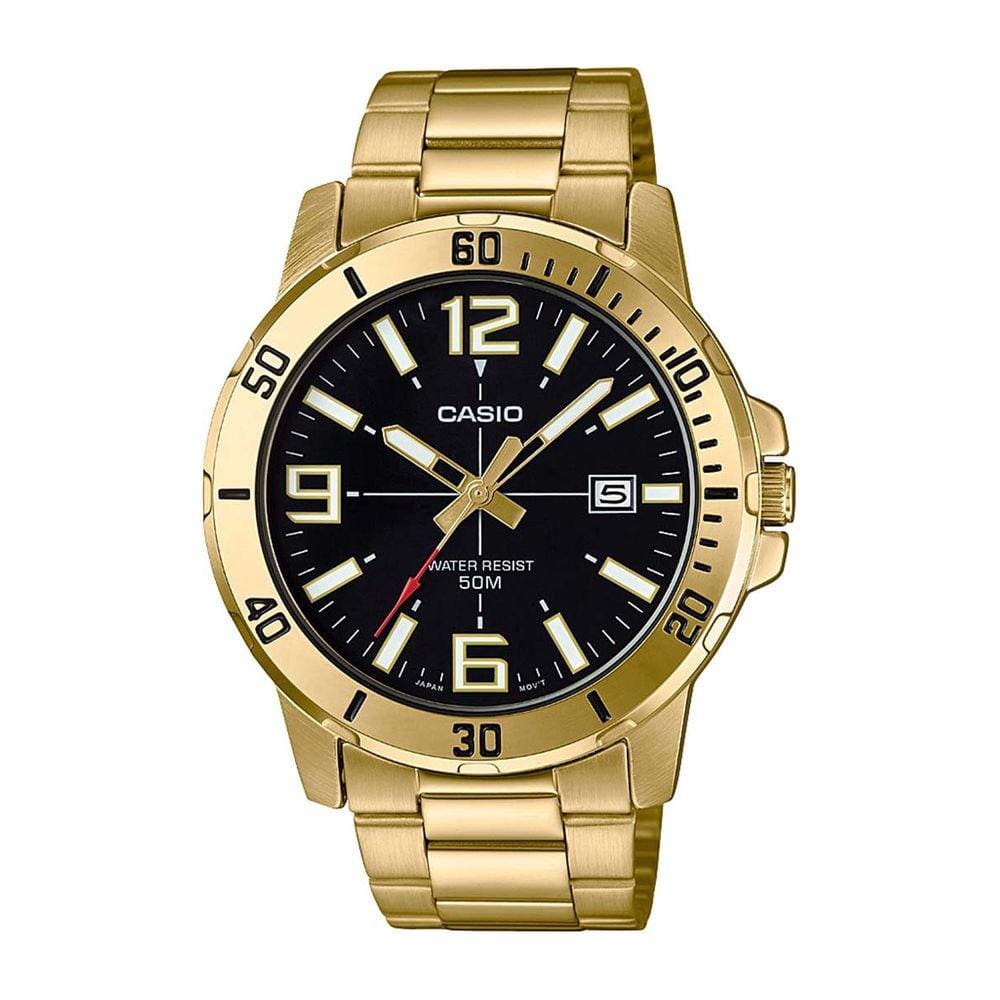 Relógio Masculino Casio Dourado Fundo Preto Com Data