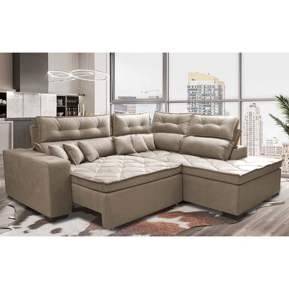Sofá de Canto 2,60x2,36m Retrátil e Reclinável com Molas Cama inBox Platinum. Direito Suede