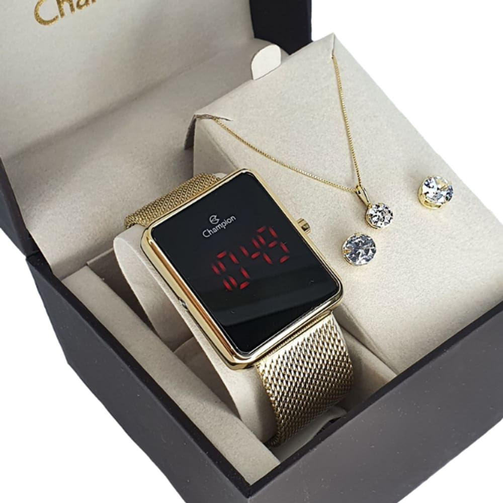 Relogio Champion Feminino Digital Dourado Kit Colar Brincos
