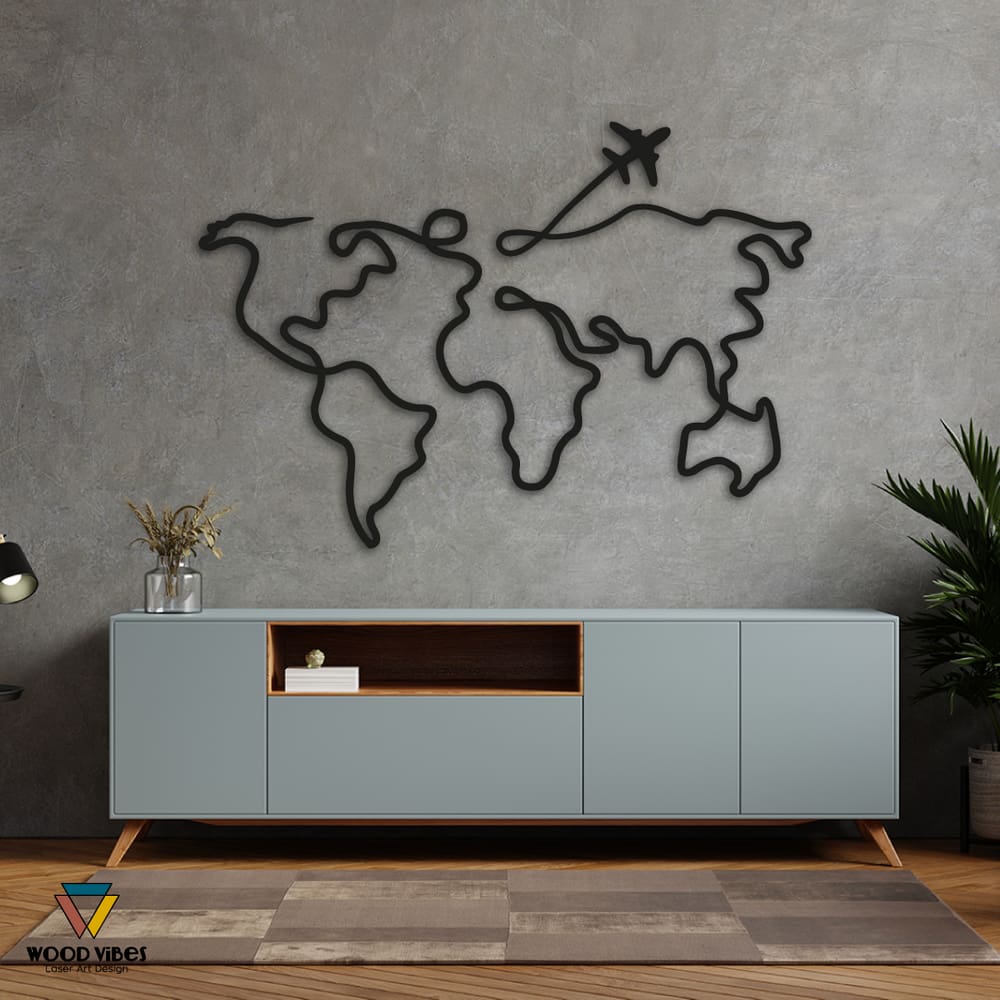 Painel Mapa Mundi 110cm Preto Decorativo Para Parede MDF 3mm