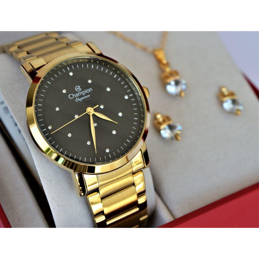 Relogio Champion Feninino Dourado Visor Preto Cn25976u + Kit Semi Joia