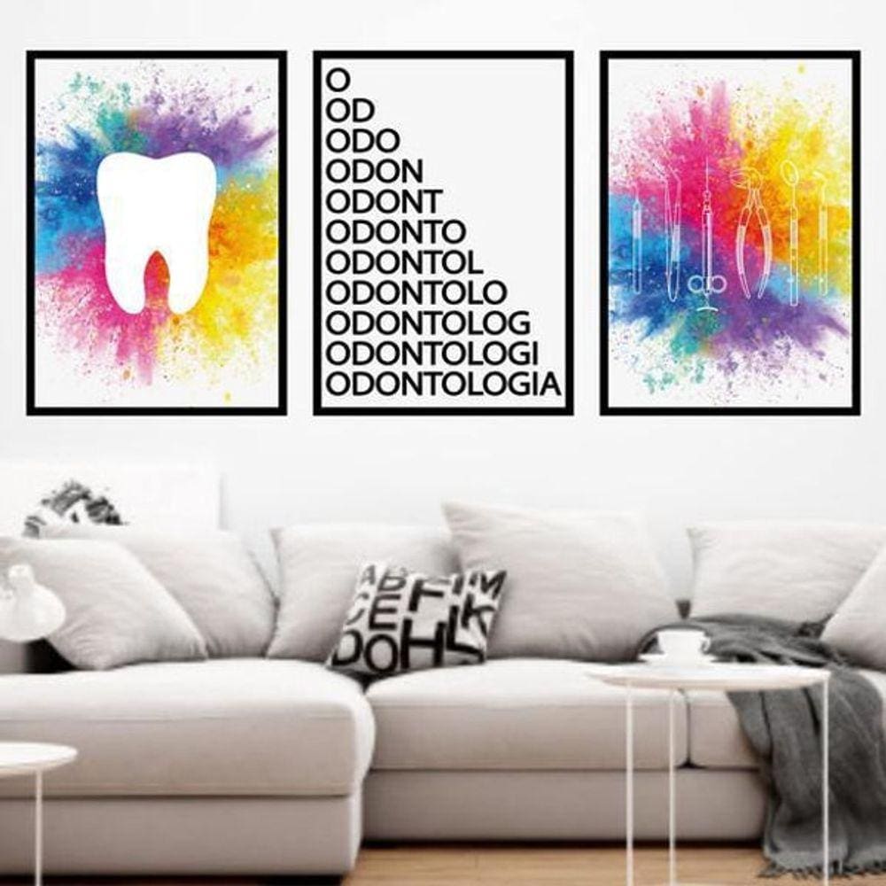 Kit 3 Quadros Decorativos Odontologia, Dente - Colorido 45X34Cm