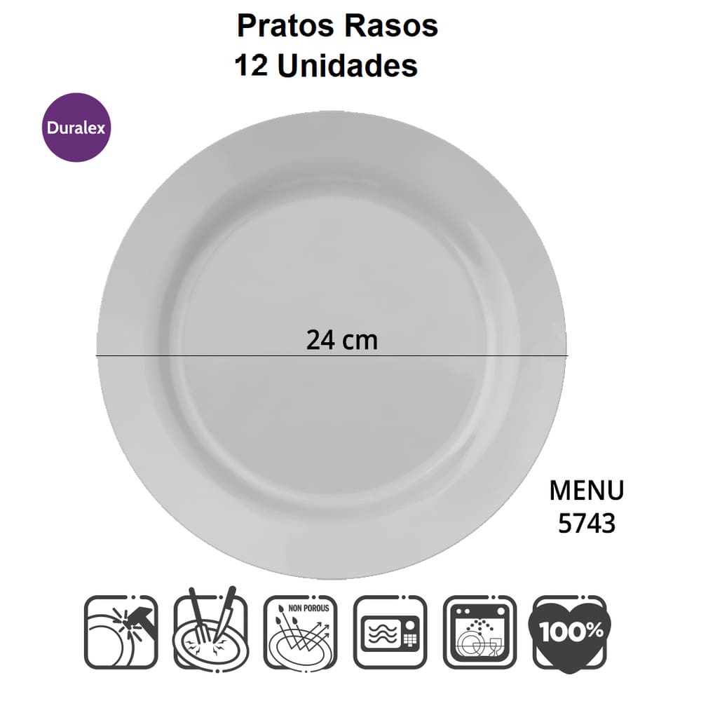 Jogo De Pratos Rasos 12 Un Vidro Branco 24cm Duralex Opaline