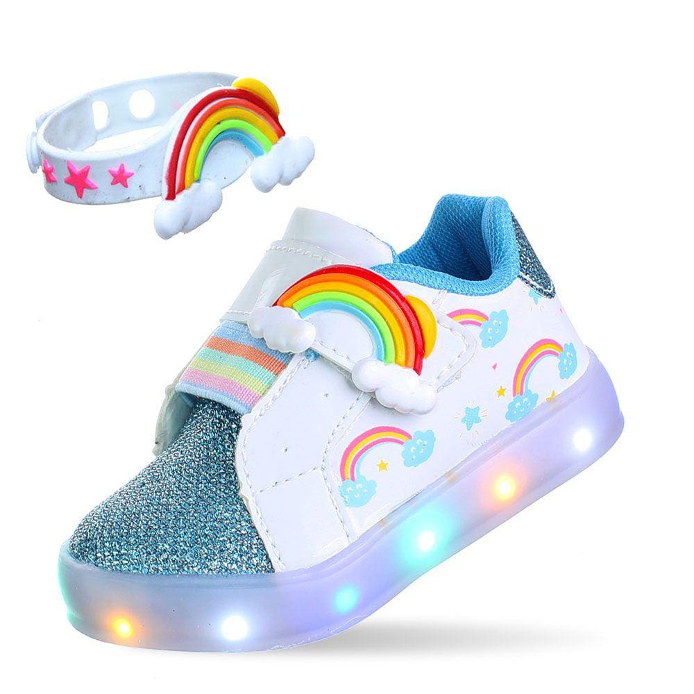 Tenis Led Luz Arco Iris Nuvem Infantil Menina Com  Acessório Pulseira