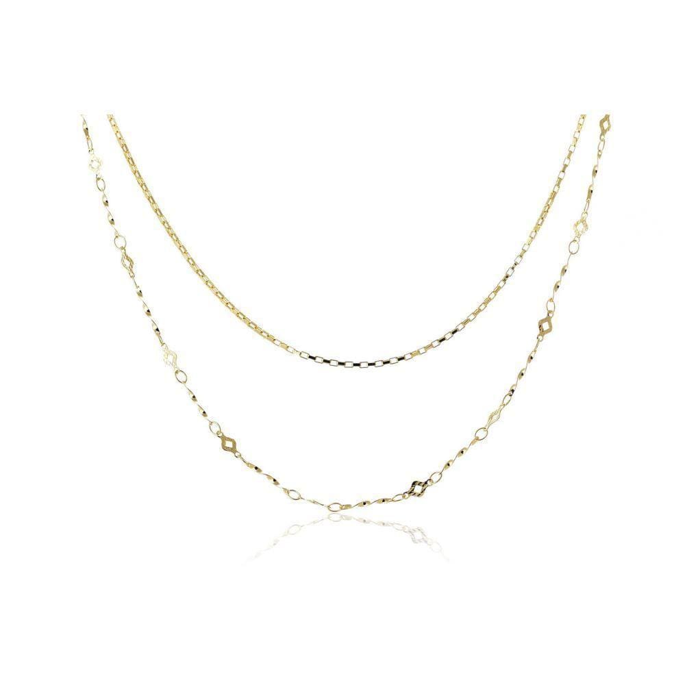 Colar Duplo Corrente Lisa Corrente Trabalhada Folheado Ouro