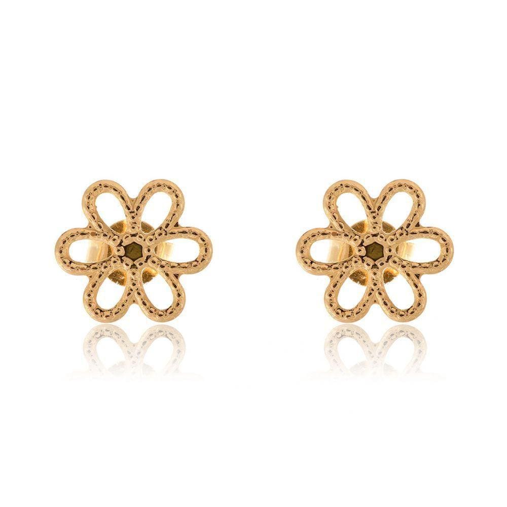 Brinco Pequeno De Flor Vazada Folheado Em Ouro 18k