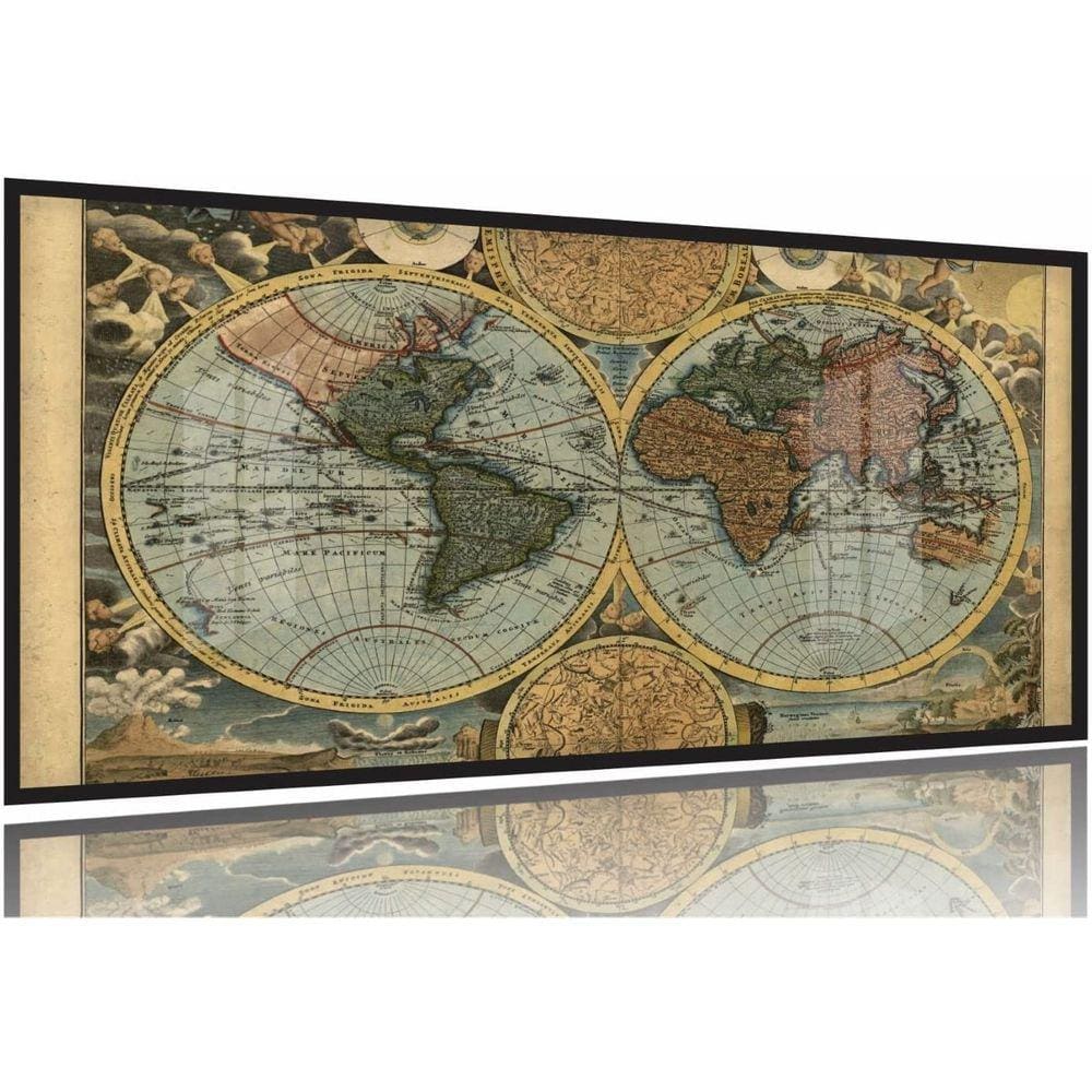 Quadros Decorativos Mapa Mundi Retrô Geografia Escola 130x60 Moldura Preta 2x2