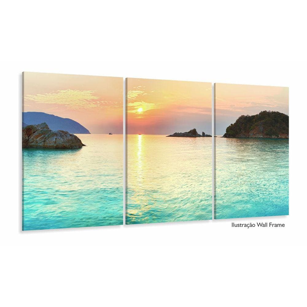 Quadro Decorativo Praia Por Do Sol Azul Hd 120x60 3 peças