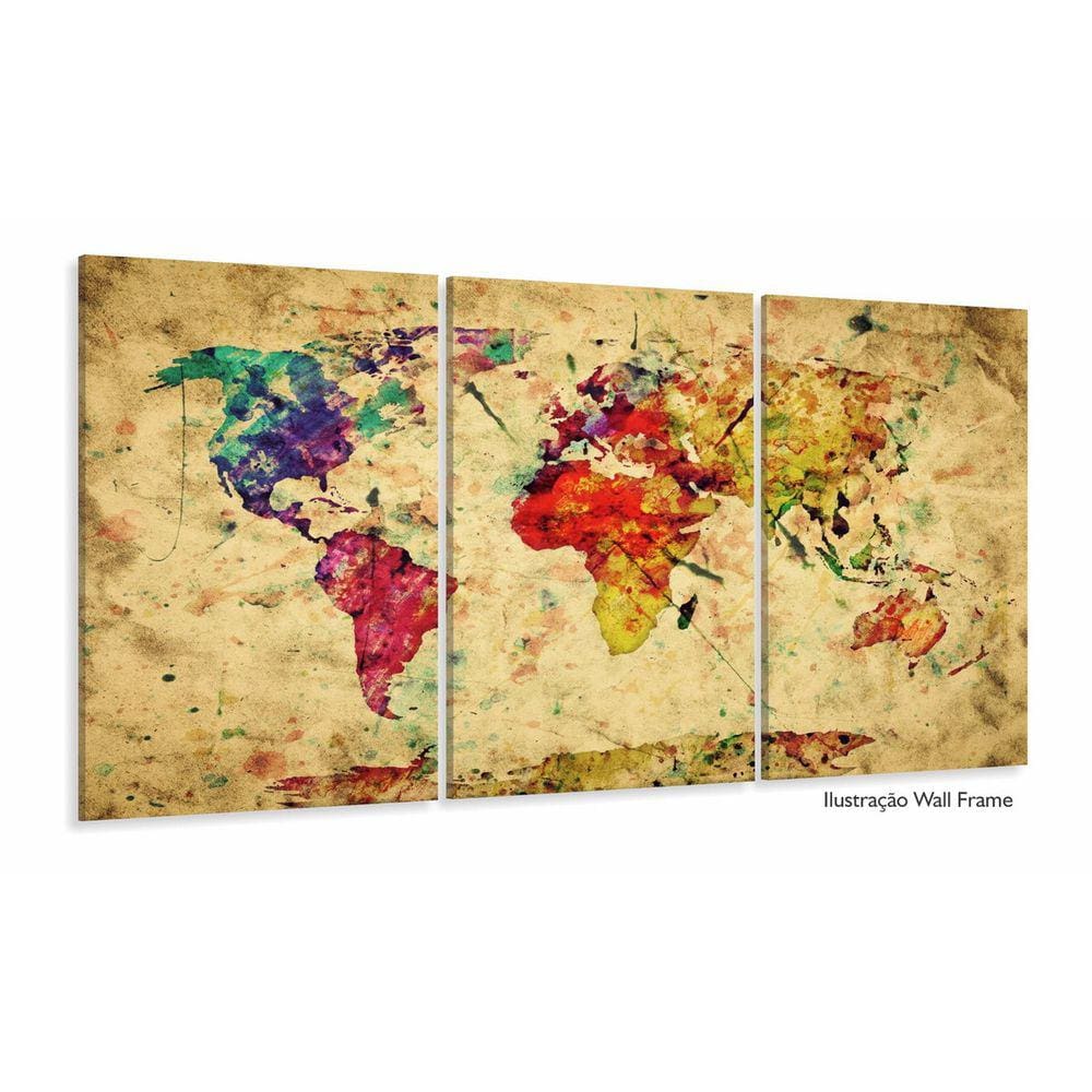 Quadro Mapa Mundi Rústico Vintage Colorido Mosaico 3 Peças