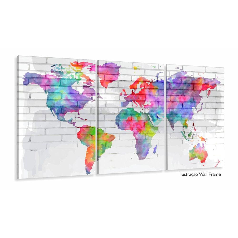 Quadro Mapa Mundi Colorido Aquarela Para Sala Quarto 125x60
