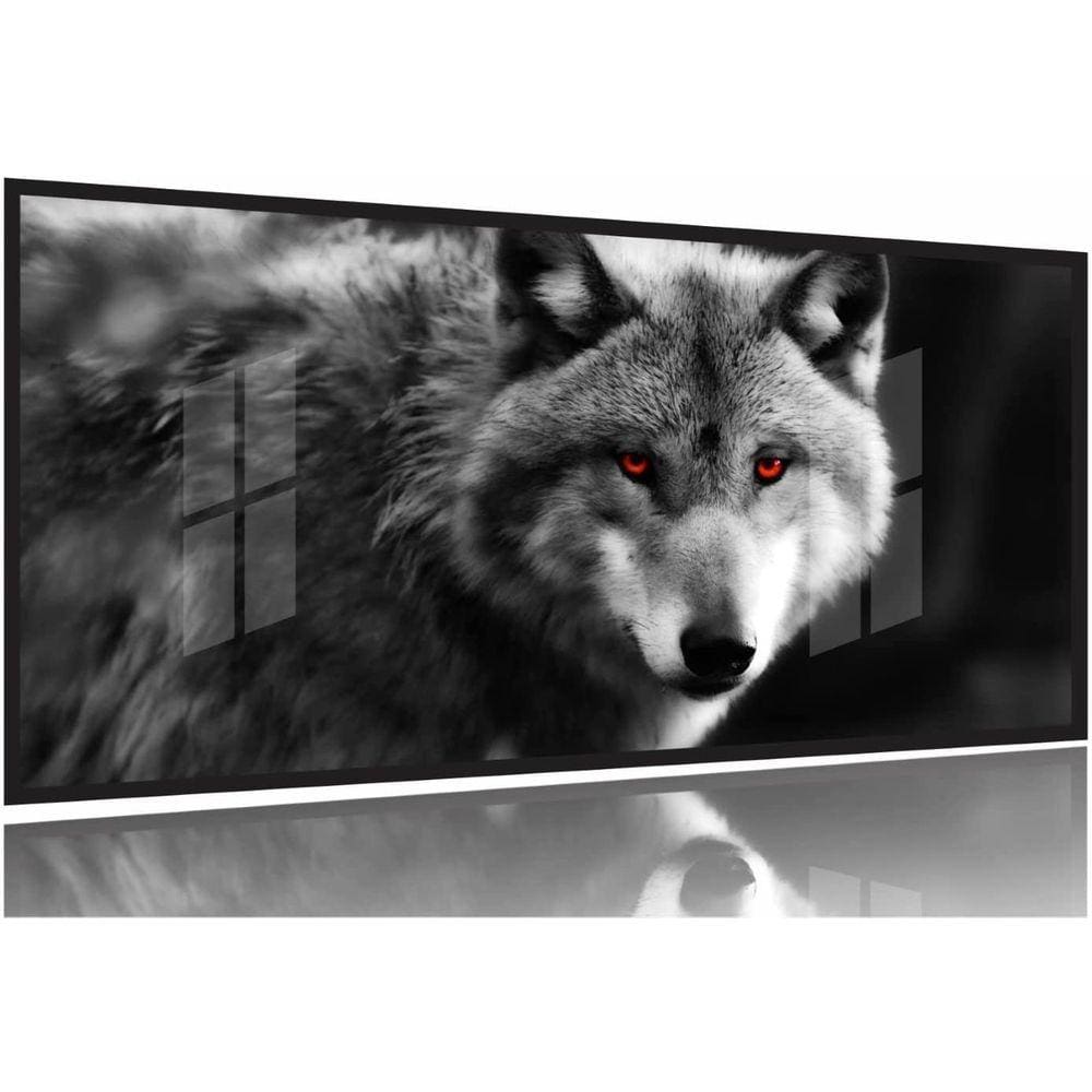 Quadro Decorativo Lobo Preto e Branco 130x60 Moldura Preta 2x2