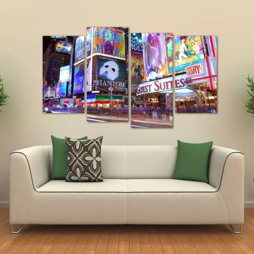 Quadro Times Square Paisagem Noturna Em Tecido 4 Peças
