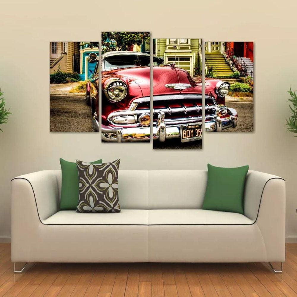 Quadro Decorativo Carro Vintage Escritório Em Tecido 4 Peças