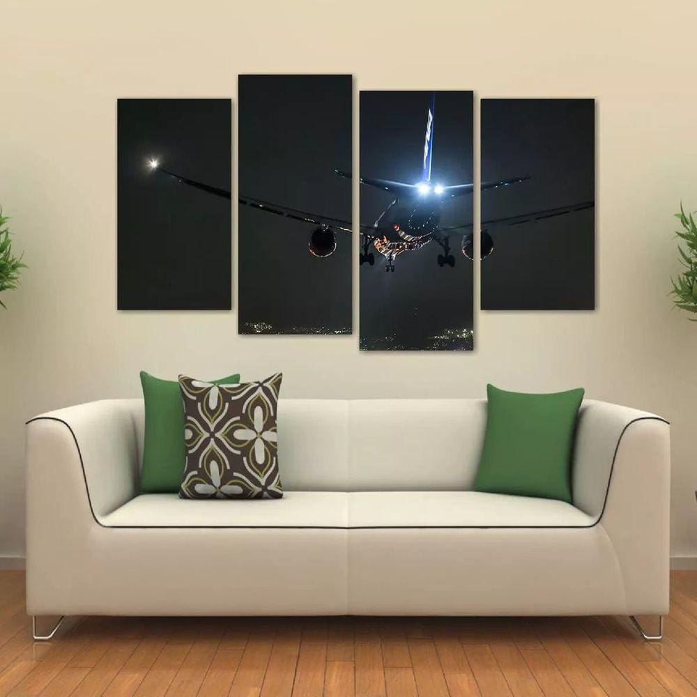 Quadro Paisagem Noturna Avião Mosaico Em Tecido 4 Peças