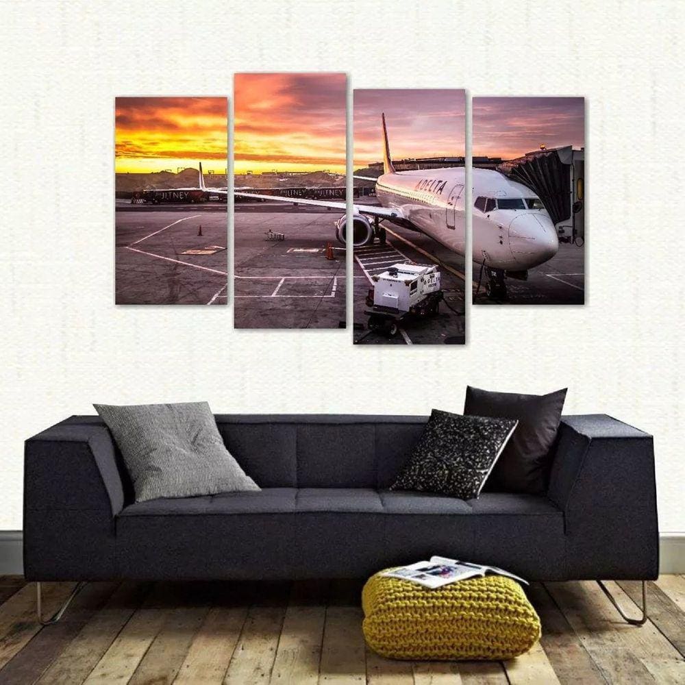 Quadro Paisagem Avião Boeing 737 Escritório Tecido 4 Peças 1