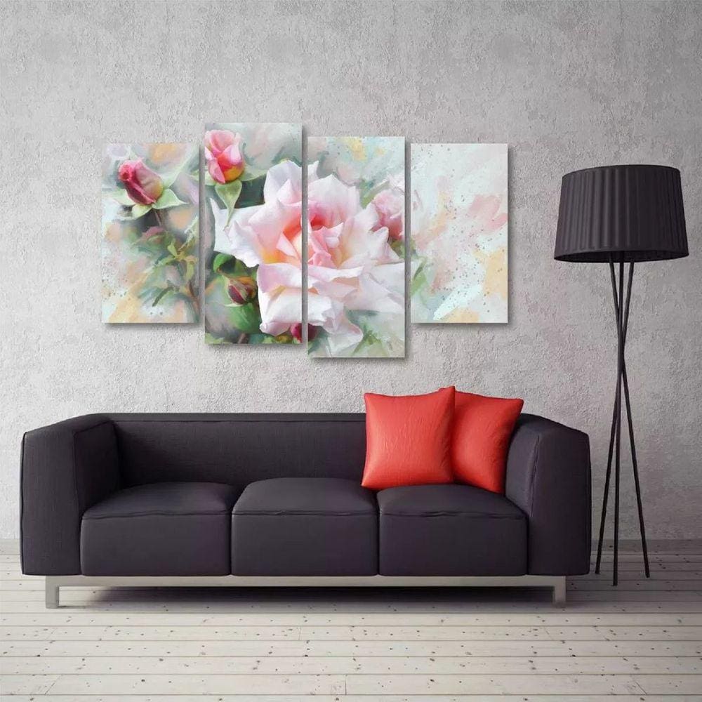 Quadro Flor Rosa Branca Sala Quarto Em Tecido 4 Peças 1