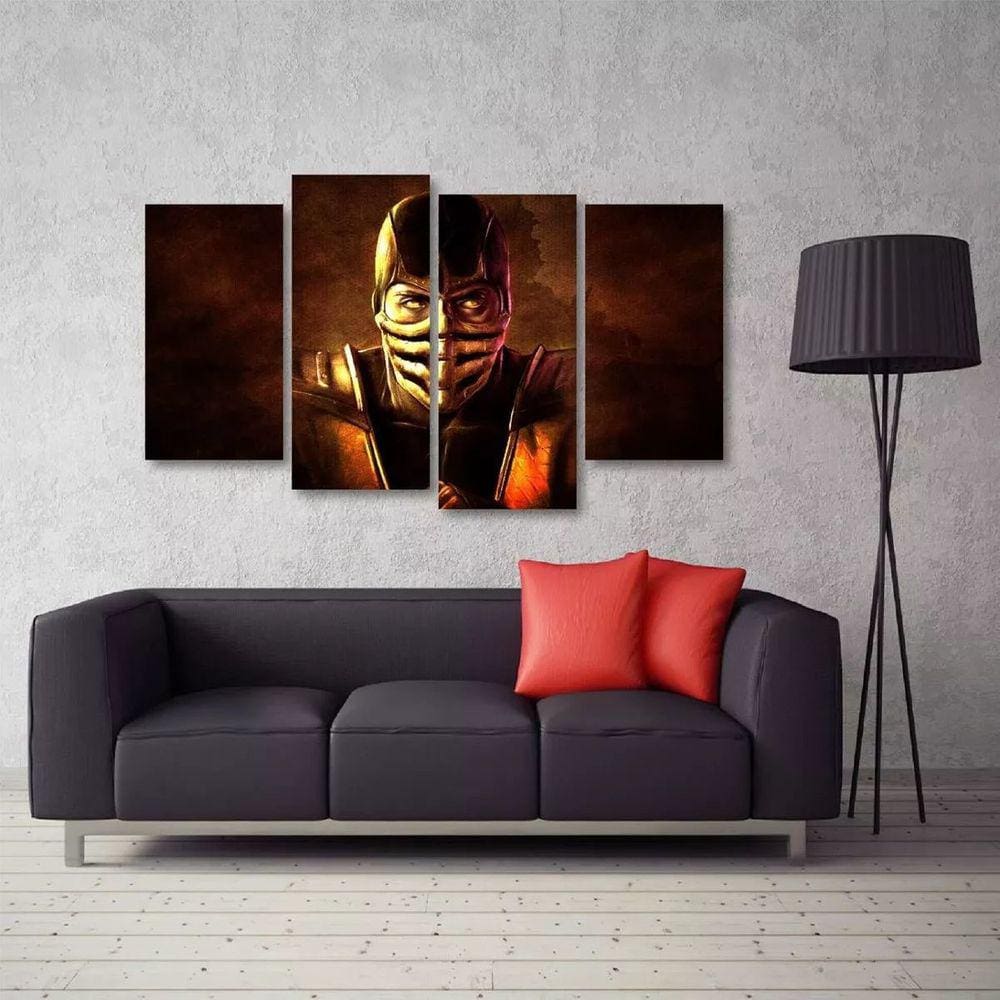 Quadro Mortal Kombat Scorpion Mosaico Sala Em Tecido 4 Peças