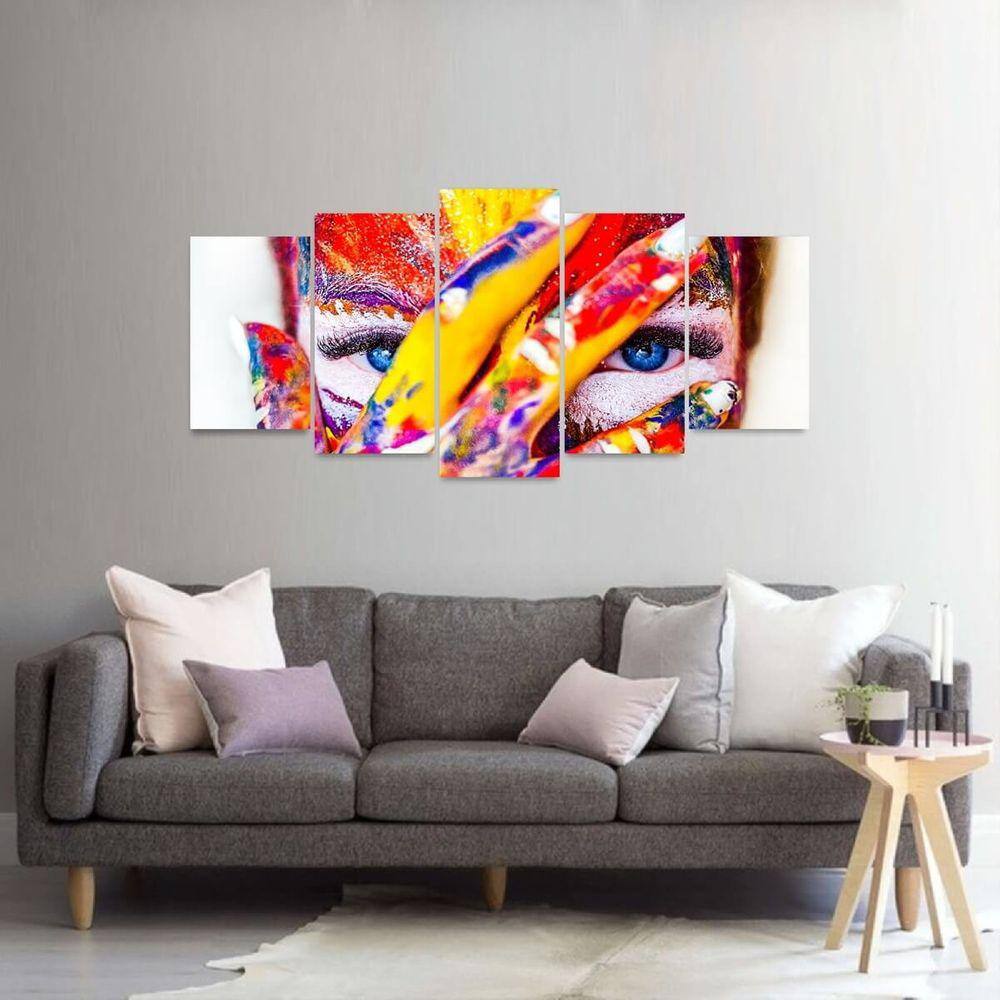 Quadro Arte Abstrata Menina Pintura Colorida Mosaico 5 Peças