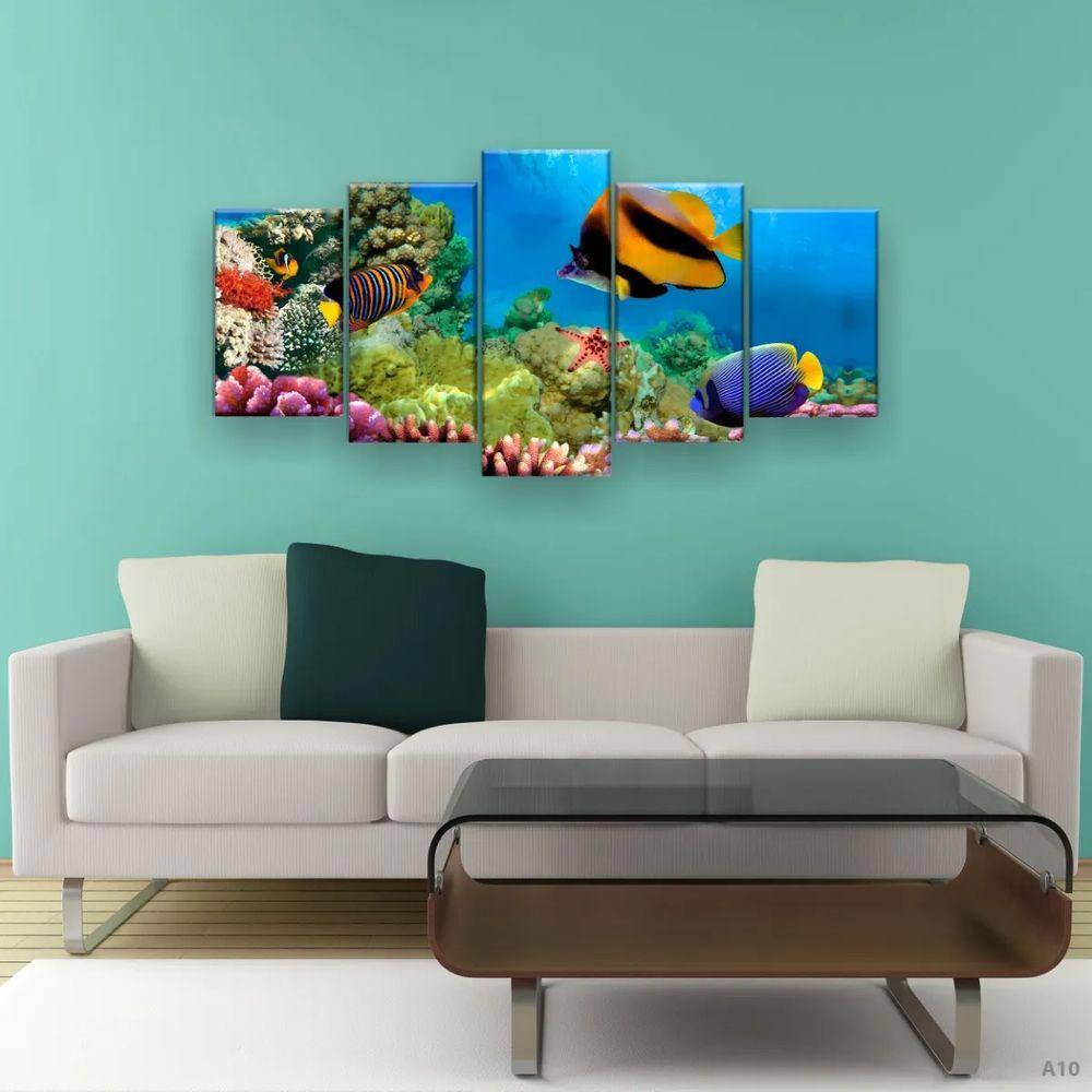Quadro Decorativo Corais Peixes Oceano Hd 129x61 Quarto Sala