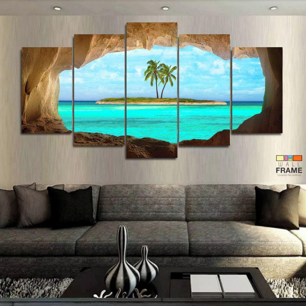 Quadro Decorativo Praia Ilha Azul 130x63 em tecido
