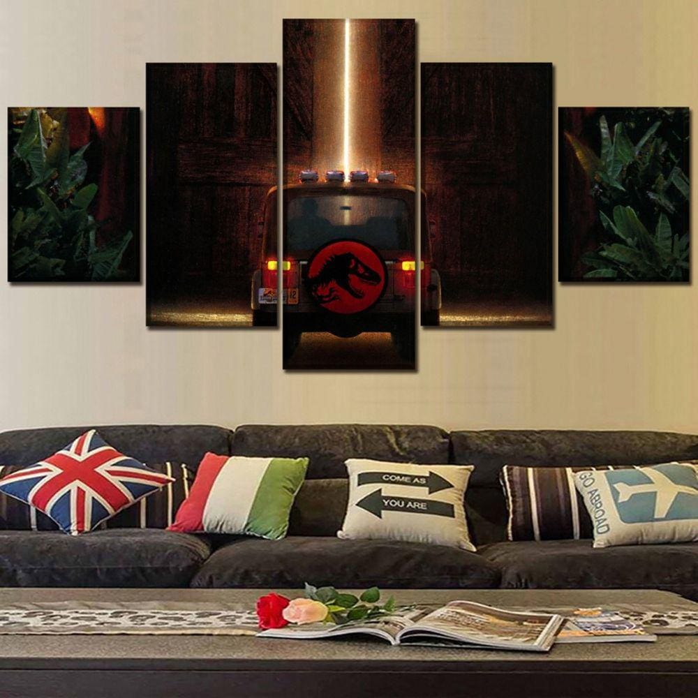 Quadro Decorativo Jurassic Park 5 peças 130x65 cm em tecido