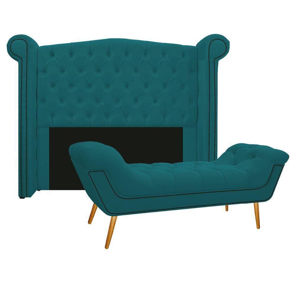 Cabeceira e Calçadeira Veneza 160cm Queen Size Azul Turquesa