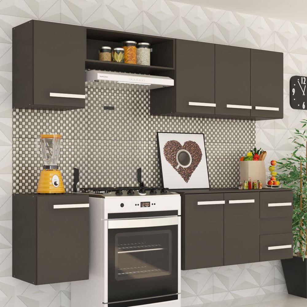 Cozinha Compacta Ana 7 Portas 2 Gavetas Preto Fosco - Panorama Móveis
