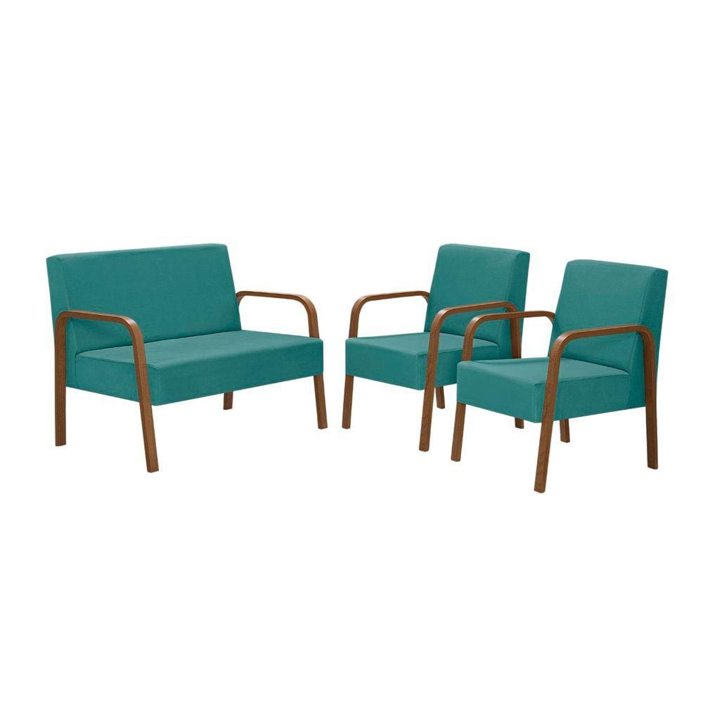 Conjunto Poltrona Luna Braço Madeira D Salla Suede Turquesa