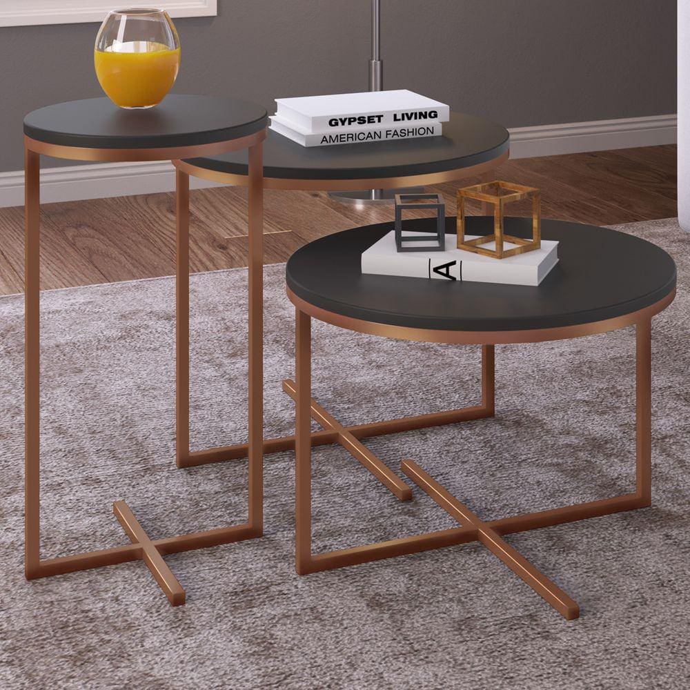 Mesa De Centro Volpi Conjunto 3 Peças Preto/cobre - Artesano