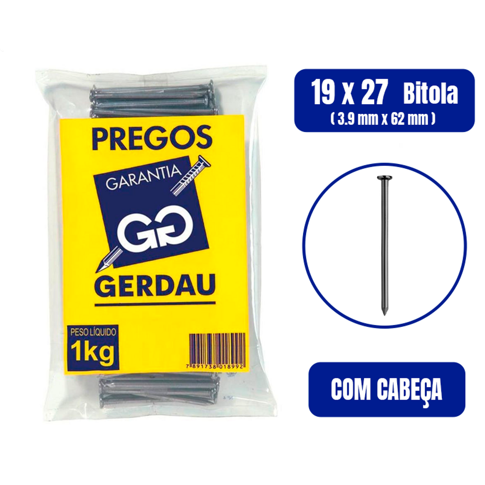 Prego Com Cabeça 19 x 27 1kg - GERDAU