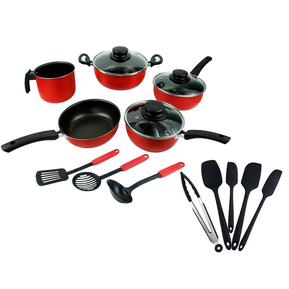 Kit Espátulas Utensílios de Cozinha Silicone 5 Peças + Conjunto de Panelas Antiaderente Elegan C/ Tampa de Vidro