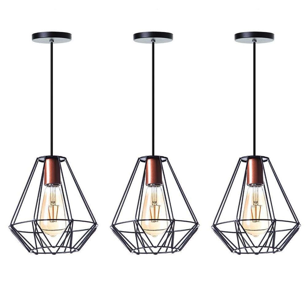 Kit 3 Lustre Pendente Interno Aramado Cristal 24Cm Preto
