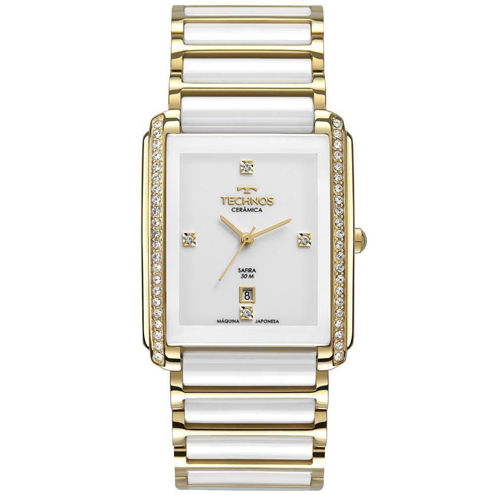 Relógio Feminino Dourado Technos Quadrado Cerâmica Safira