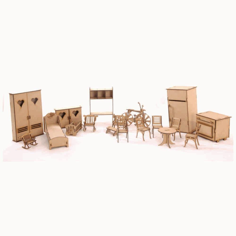Móveis Mdf Natural Bonecas Escala Barbie 18 Peças - Darama