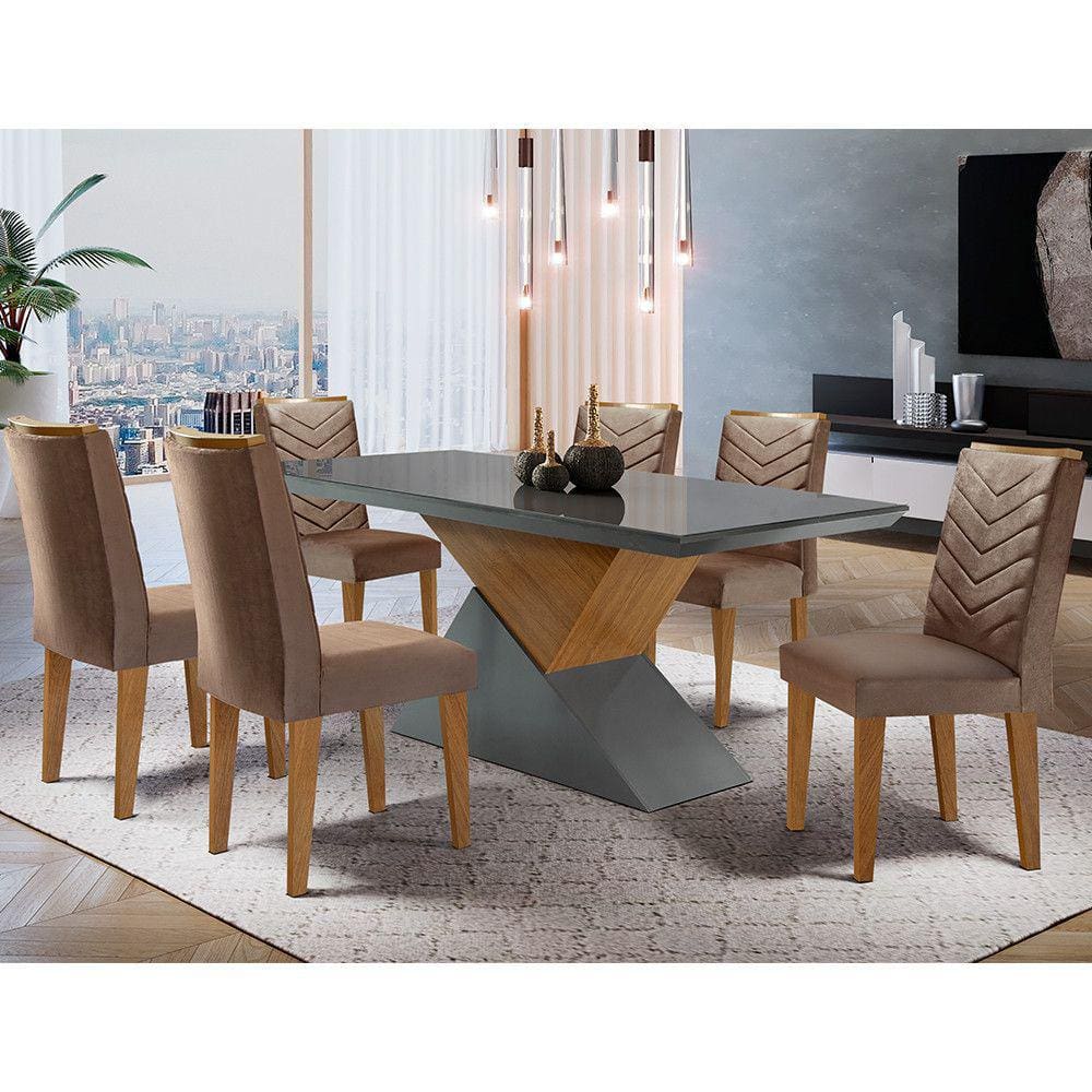 Mesa Aster 180 Tampo em MDF e Vidro com 6 Cadeiras Liz Moderna