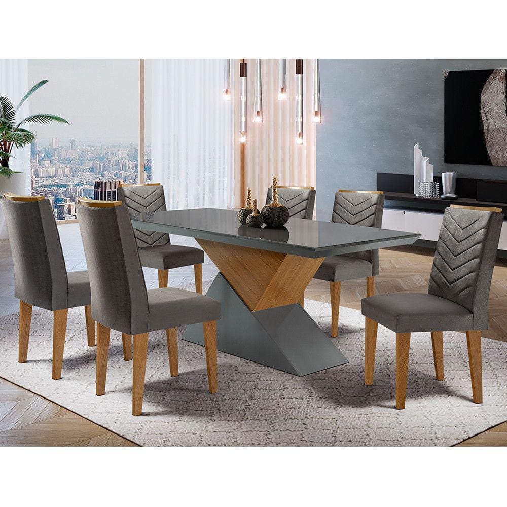 Mesa Aster 180 Tampo em MDF e Vidro com 6 Cadeiras Liz Moderna