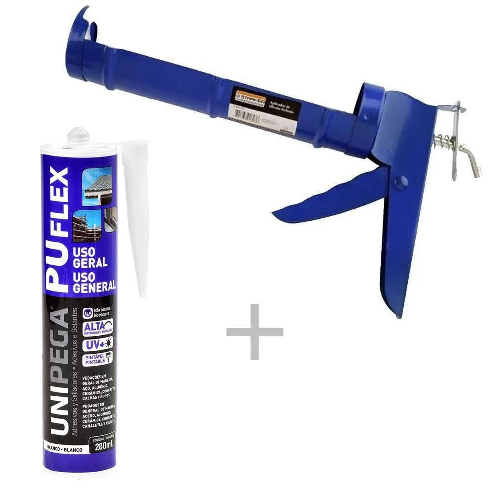 Kit Aplicador de silicone + Veda Calha Selante PU Flex Uso Geral Branco 280ml - Unipega