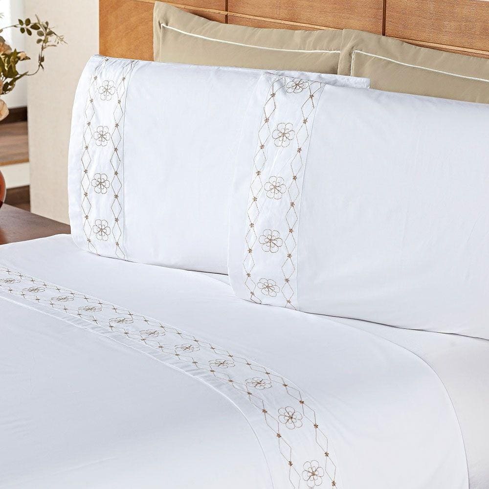 Jogo de Cama Damasco Queen Branco e Bege - 04 Peças