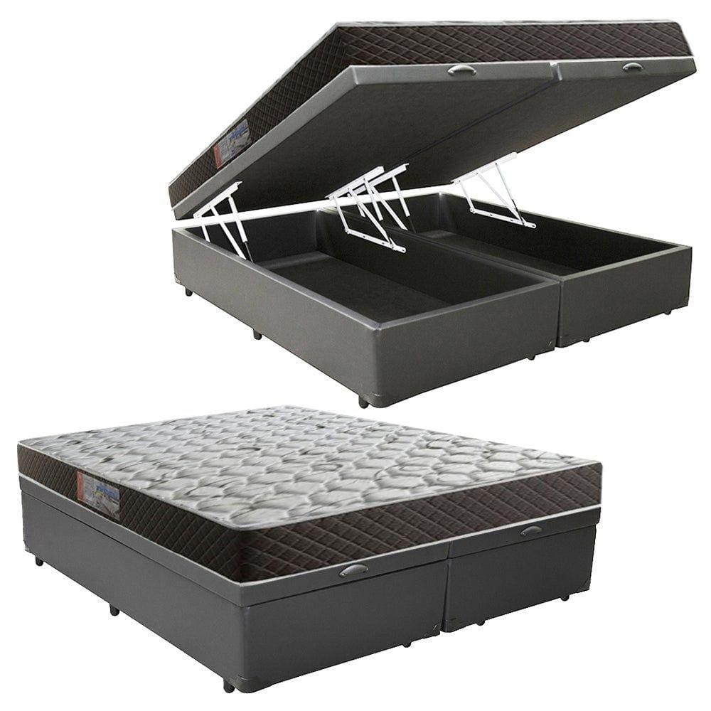 Cama Box Baú Queen Colchão Mola Bonnel Belos Sonhos + Box Sintético 69x158x198 Cinza