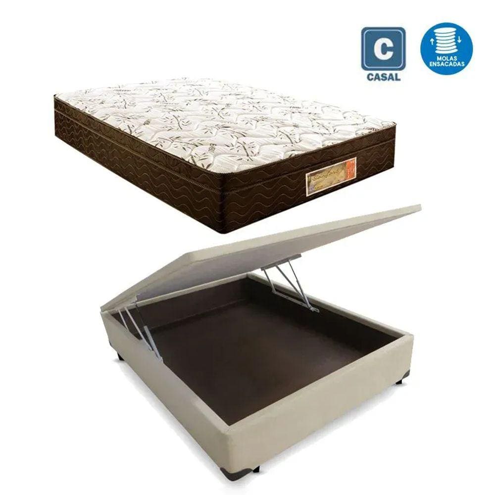 Cama Box casal com baú bege + Colchão Molas ensacada 1,38 x 1,88 x 24 cm