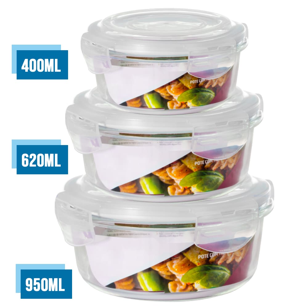 Conjunto 3 Tamanhos Pote Hermético Vidro Kit Redondo