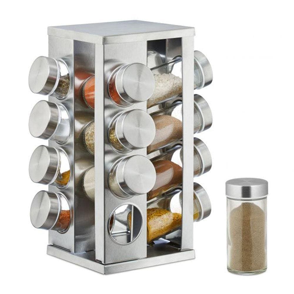 Porta Condimentos E Tempero Giratório Inox 16 Potes De Vidro