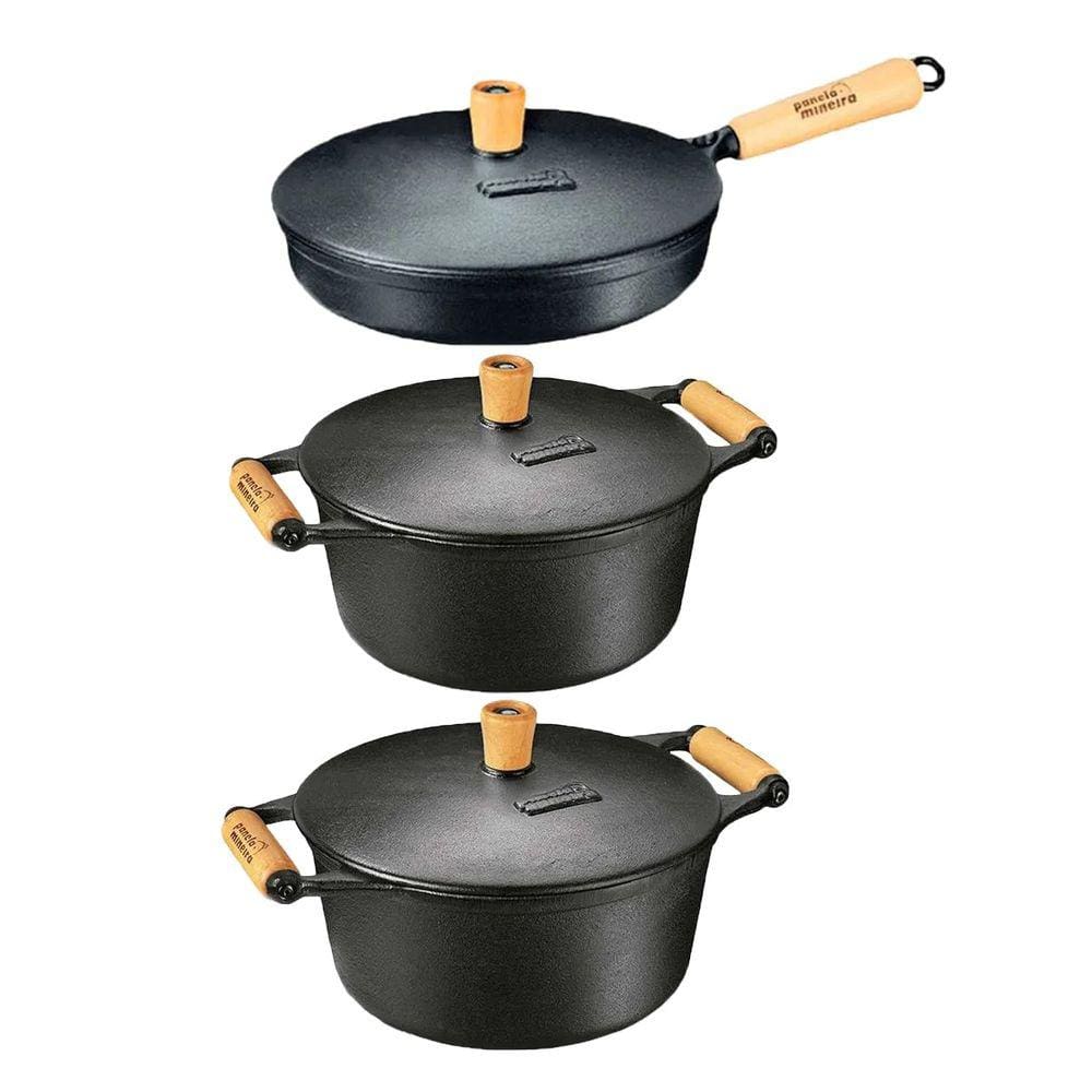 Kit Caçarola Frigideira Ferro Alça e Cabo Madeira 19 e 25cm
