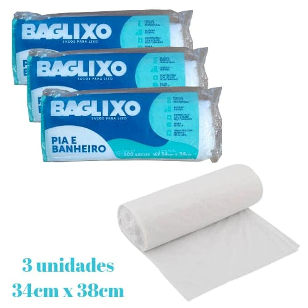 Sacos p/ Lixo Branco Pia e Banheiro 34X38cm 3 Rolos c/ 100u