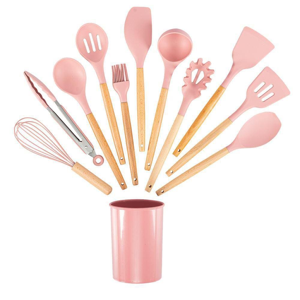 Kit De Utensílios De Cozinha 12 Peças Silicone - Rosa