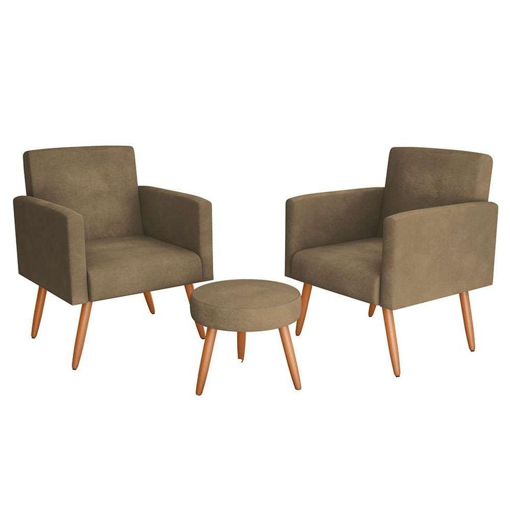 conjunto com 2 poltronas e 1 puff dallas veludo castor