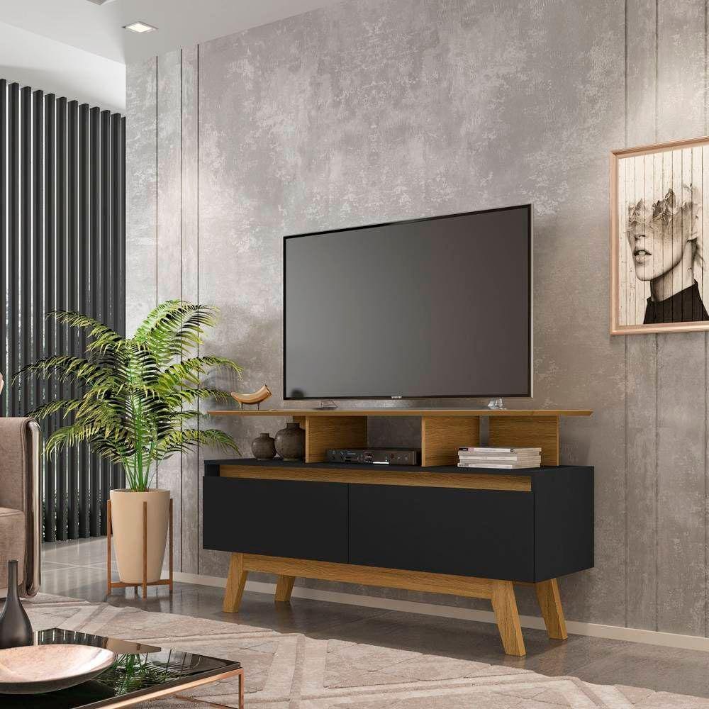 Rack Para Tv Sala Até 50 Pol Largura 120 Cm Altura 65 Cm Pé Palito 2 Portas Cor Preto E Marrom