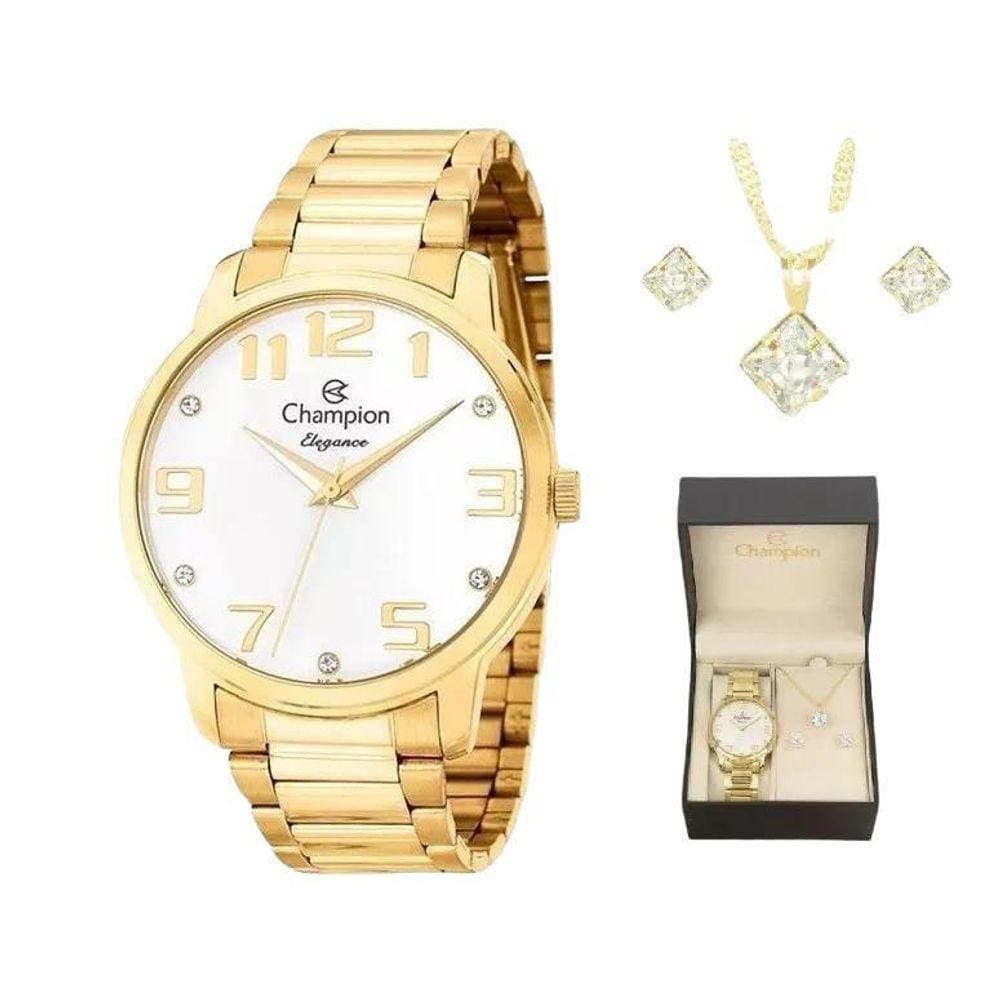 Kit Relógio Champion Dourado Feminino Com Semi Joiás