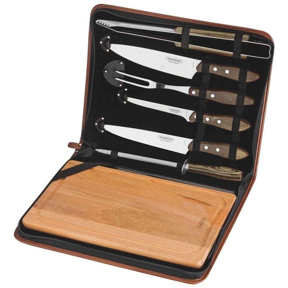 Jogo Kit Para Churrasco Inox Tramontina 8 Peças Polywood