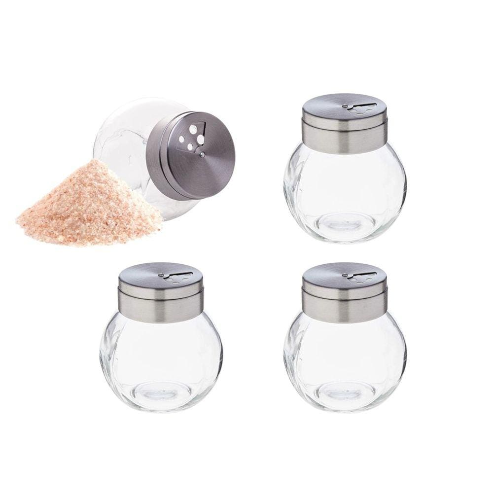 Kit 4 Potes Porta Condimentos e Tempero Pimenteiro, Saleiro, Queijeira Vidro Tampa Inox Giratória